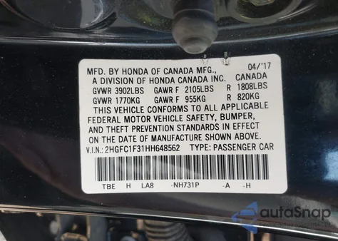 2017 Honda Civic Ex-T z USA, uszkodzony, nr VIN 2HGFC1F31HH648562